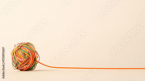 Colorful elastic bands intertwined into a ball with one band stretched out. A tangle of fun, a playful composition against a clean backdrop.