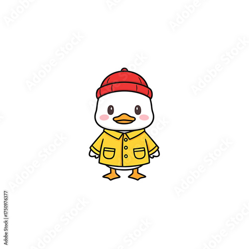 A cute cartoon duck character wearing a yellow raincoat and a red beanie hat, standing on a white background.