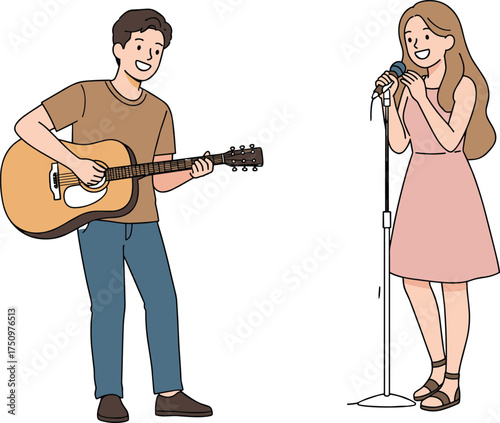 Musical performance, guitar player, singer on mic, live music, acoustic session, duet, stage moment, pink dress, casual outfit, harmony, music duo, rehearsal scene, smiling performers,