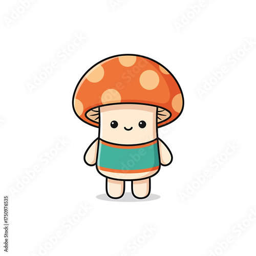 Cute mushroom character with orange cap and green shirt, standing with a happy expression.