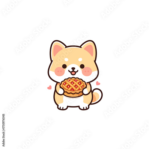 A cute, kawaii-style Shiba Inu dog holding a delicious-looking pie with a lattice crust.