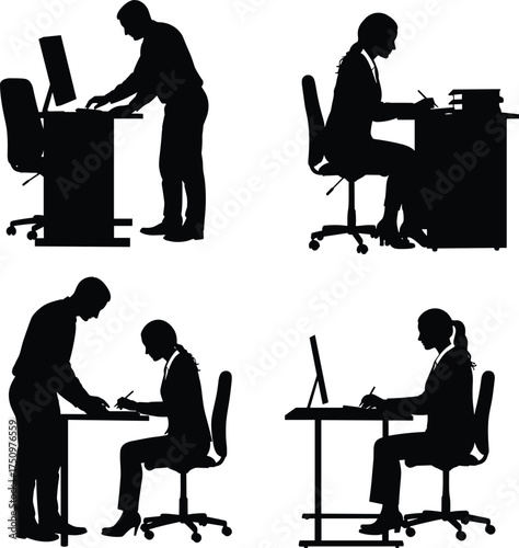 Office work silhouette illustration, desk activity poses, computer and writing scenes, teamwork interaction, black and white design, productivity concept, study environment
