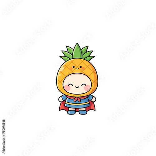 Cute cartoon character dressed in a pineapple costume, smiling and wearing a cape.