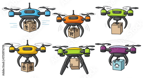 Cartoon Drones Delivering Packages: Colorful Delivery Drones with Cardboard Boxes.