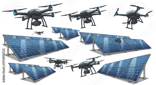 Drones and Solar Panels arranged for inspection and maintenance.