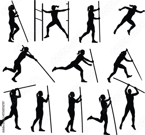 Pole vault silhouette illustration, athletic motion sequence, black and white design, dynamic launch and descent, sports technique, training concept, track and field