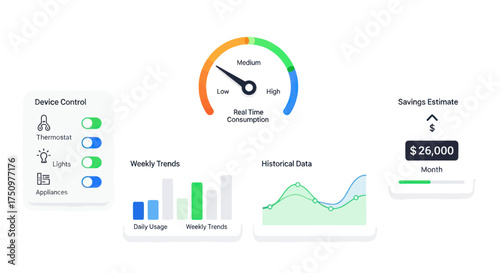 Smart home control panel interface with a real-time consumption gauge data analytics charts and a savings tracker.