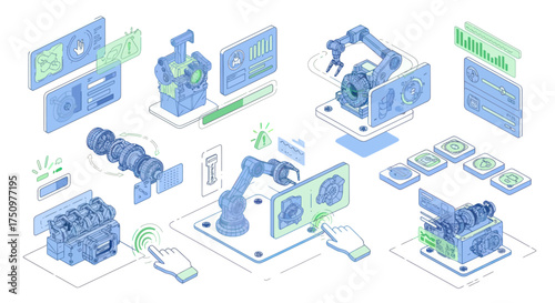 Isometric Illustration of Robotic Arms and Industrial Components.