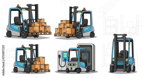 Collection of blue forklifts with cargo and charging station.