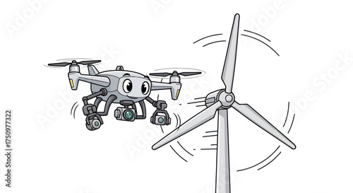 Cartoon Drone Inspecting Spinning Wind Turbine for Renewable Energy.