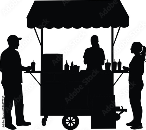 Street food cart silhouette, vendor serving customers, urban snack stall, mobile food stand, outdoor market scene, social interaction, black and white illustration