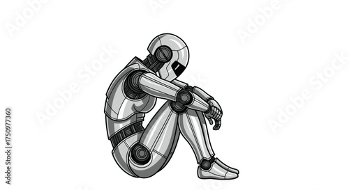 Depressed Robot Sitting with Head Down and Arms Around Knees.