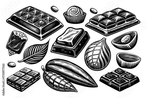 Hand-Drawn Chocolate Collection – Black and White Vector Illustration of Bars and Truffles.