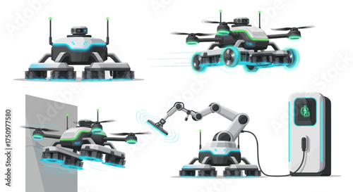 Futuristic Robotic Drones and Automation System with Charging Station.