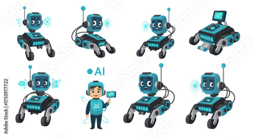 Collection of Cartoon Robots with Antennae and Wheels AI Concept.