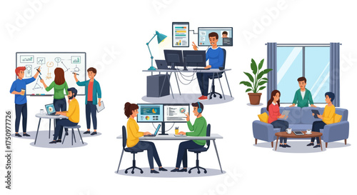 A set of vector illustrations depicting modern business collaboration teamwork and office life scenes.