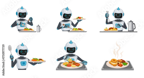 Robots eating food futuristic dining artificial intelligence enjoying a meal robotic gastronomy.