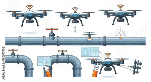 Drones Inspecting and Monitoring Pipelines with Valves and Leaks Modern Technology.