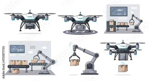 Futuristic Drone and Robotic Arm Logistics and Delivery System.
