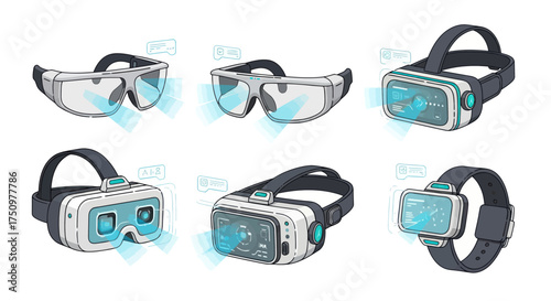 Collection of Futuristic Virtual Reality Headsets and Smartwatch Designs.