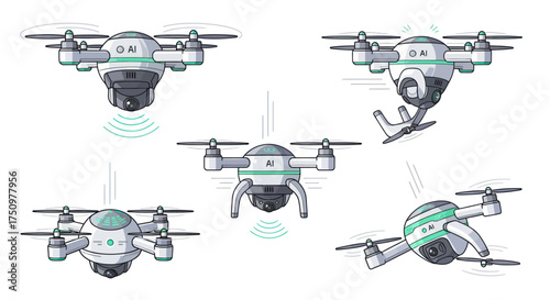 Five distinct drone illustrations with cameras and propellers.