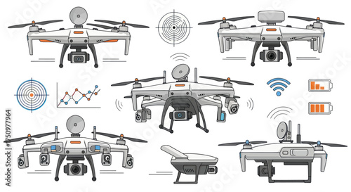 Detailed Vector Illustrations of Various Modern Drones and Accessories.