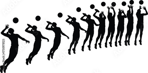 Volleyball jump serve silhouette illustration, motion sequence poses, black and white design, athletic technique, ball contact timing, sports training concept