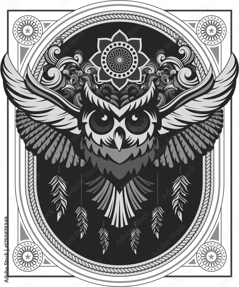 Fototapeta premium Mystical Owl Vector Design with Ornamental Elements — Artistic Illustration for Tattoos, Posters, and Spirituality Designs