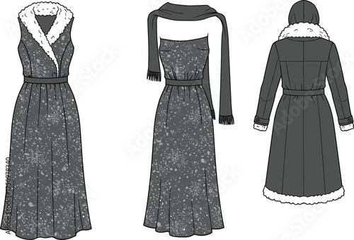 Winter dress, snowflake pattern, fur trim, hooded design, seasonal fashion, front view, back view, scarf accessory, long sleeves, sleeveless style, black belt, 