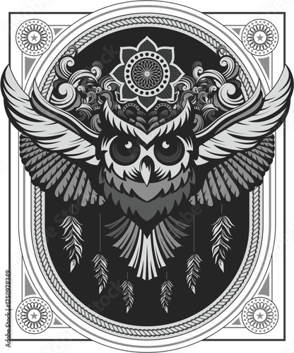 Mystical Owl Vector Design with Ornamental Elements — Artistic Illustration for Tattoos, Posters, and Spirituality Designs