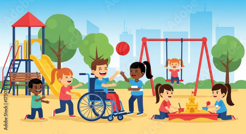 Children playing together at a playground, including a child in a wheelchair, enjoying themselves.