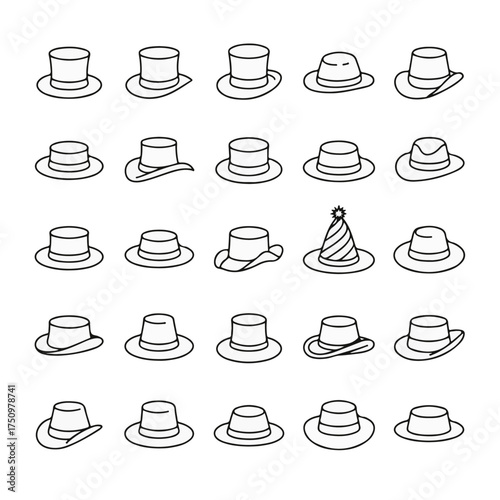 Collection of Hand-Drawn Top Hats and Party Hats in Black and White, Featuring Various Styles and Sizes for Creative Projects