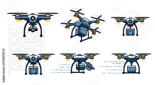 Collection of Vector Illustrations of Delivery Drones Carrying Packages.