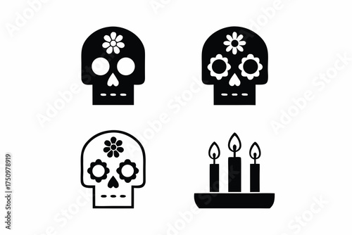 Sugar Skull Mandala Vector Design, Symmetrical Floral Skull Ornament for Día de los Muertos Art isolated on white background