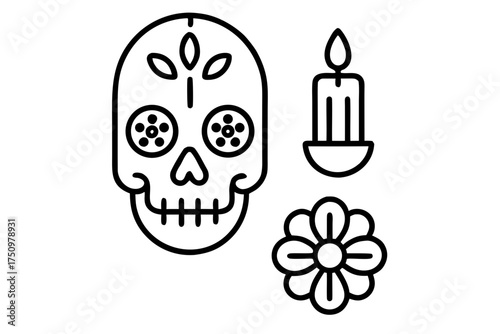 Sugar Skull Mandala Vector Design, Symmetrical Floral Skull Ornament for Día de los Muertos Art isolated on white background