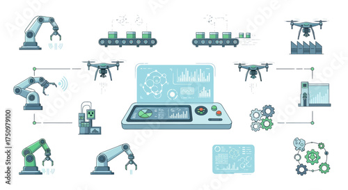 Futuristic Industrial Automation System with Robotic Arms and Drones.