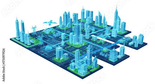 Futuristic Holographic Cityscape with Illuminated Skyscrapers and Networks.