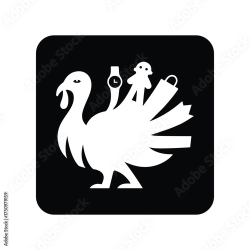 A black and white logo of a turkey carrying shopping items, isolated on white background