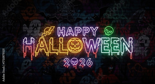 A colorful neon sign with the words 'Happy Halloween 2026' and a pumpkin icon, set against a brick wall with graffiti.