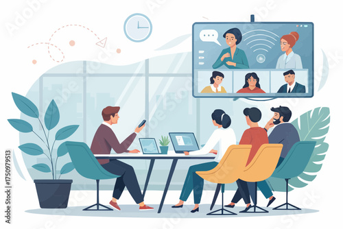 Illustration of a business meeting with remote participants on a large screen display system