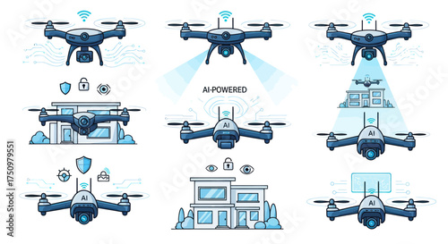 Set of Drones with Various Applications and Connectivity Modern Technology.