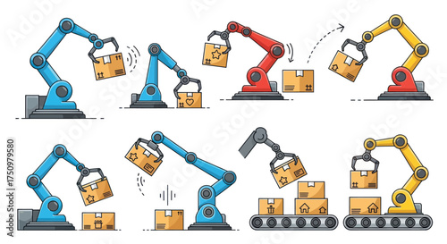 Cartoon Robotic Arms Handling Cardboard Boxes in Production Line.
