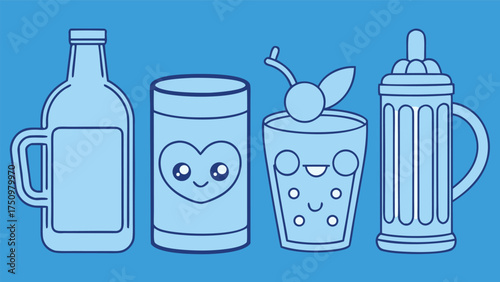 Cute cartoon drinks and beverages with happy faces bottle