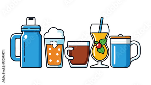 Assorted beverages in blue and brown containers with garnishes drinks mugs