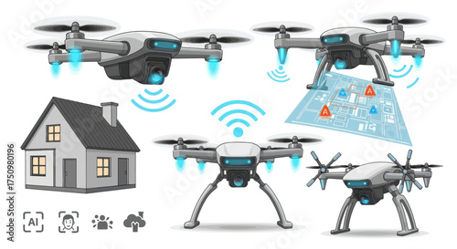 Set of Drones Performing Various Tasks Including Surveillance and Mapping.