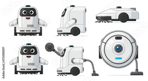 Collection of Cute and Modern Robotic Vacuum Cleaners in Various Poses.