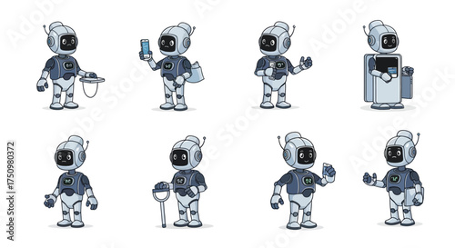 A collection of cute metallic robot mascot characters in various poses performing service and assistance tasks.