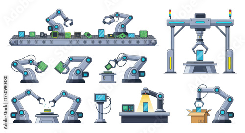 Robotic Arms in Automated Manufacturing Process Vector Illustration.