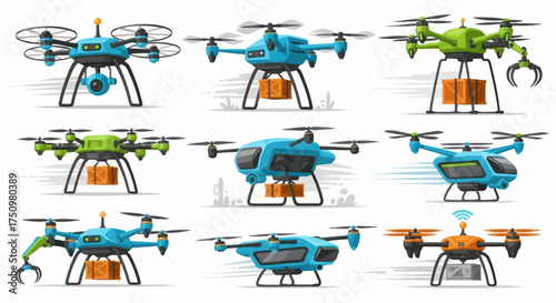 Collection of Various Modern Drone Designs with Propellers and Cameras.