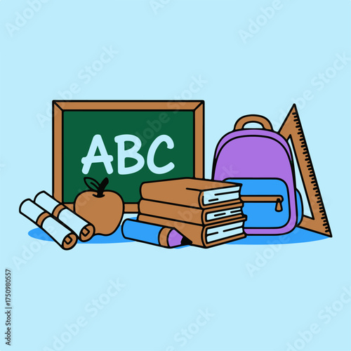School essentials illustration featuring a chalkboard with ABC letters, books, backpack, apple, pencils, and a ruler for education and learning